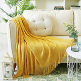 NNEAGS Yellow Acrylic Knitted Throw Blanket Solid Fringed Warm Cozy Woven Cover Couch Bed Sofa Home Decor