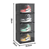 NNEAGS 2X 4 Tier Black Portable Shoe Organiser Sneaker Footwear Folding Plastic Bin Stackable Storage Box with Magnetic Door