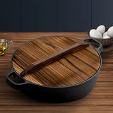 NNEAGS 2X 35cm Round Cast Iron Pre-seasoned Deep Baking Pizza Frying Pan Skillet with Wooden Lid