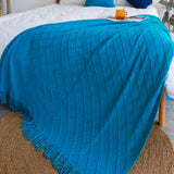 NNEAGS 2X Blue Diamond Pattern Knitted Throw Blanket Warm Cozy Woven Cover Couch Bed Sofa Home Decor with Tassels