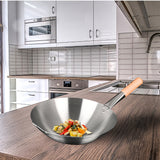 NNEAGS 42cm Stainless Steel Kitchen Cooking Wok with Wood Handle