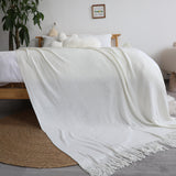 NNEAGS 2X White Acrylic Knitted Throw Blanket Solid Fringed Warm Cozy Woven Cover Couch Bed Sofa Home Decor