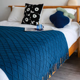 NNEAGS 2X Royal Blue Diamond Pattern Knitted Throw Blanket Warm Cozy Woven Cover Couch Bed Sofa Home Decor with Tassels