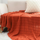 NNEAGS 2X Red Diamond Pattern Knitted Throw Blanket Warm Cozy Woven Cover Couch Bed Sofa Home Decor with Tassels
