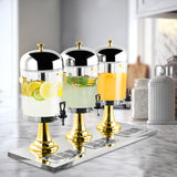 NNEAGS Triple Head 24L Stainless Steel Dispenser Beverage Juicer Transparent Commercial Drink Container Jug with Gold Accents