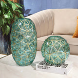 NNEAGS 2X Green Colored Diamond Cut Glass Flower Vase Round Jar Home Decor with Gold Accent Large and Medium Set