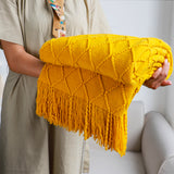 NNEAGS Yellow Diamond Pattern Knitted Throw Blanket Warm Cozy Woven Cover Couch Bed Sofa Home Decor with Tassels