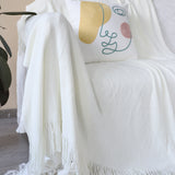 NNEAGS 2X White Acrylic Knitted Throw Blanket Solid Fringed Warm Cozy Woven Cover Couch Bed Sofa Home Decor