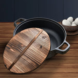 NNEAGS 2X 35cm Round Cast Iron Pre-seasoned Deep Baking Pizza Frying Pan Skillet with Wooden Lid