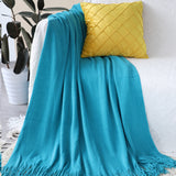 NNEAGS Blue Acrylic Knitted Throw Blanket Solid Fringed Warm Cozy Woven Cover Couch Bed Sofa Home Decor