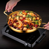 NNEAGS 36cm Flat Base Seafood Dry Pot in Elegant Gold Color with Durable for Kitchen Essential