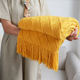 NNEAGS 2X Yellow Diamond Pattern Knitted Throw Blanket Warm Cozy Woven Cover Couch Bed Sofa Home Decor with Tassels