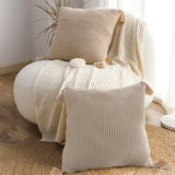 NNEAGS 2X 45cm Off-White Wabi-Sabi Raised Pillow Cotton Striped Large Tassel Square Pillow Throw Pillow