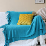 NNEAGS Blue Acrylic Knitted Throw Blanket Solid Fringed Warm Cozy Woven Cover Couch Bed Sofa Home Decor