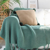 NNEAGS 2X Green Tassel Fringe Knitting Blanket Warm Cozy Woven Cover Couch Bed Sofa Home Decor