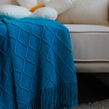 NNEAGS 2X Blue Diamond Pattern Knitted Throw Blanket Warm Cozy Woven Cover Couch Bed Sofa Home Decor with Tassels