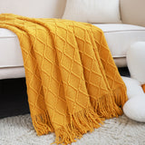 NNEAGS 2X Yellow Diamond Pattern Knitted Throw Blanket Warm Cozy Woven Cover Couch Bed Sofa Home Decor with Tassels
