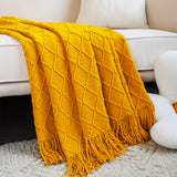 NNEAGS Yellow Diamond Pattern Knitted Throw Blanket Warm Cozy Woven Cover Couch Bed Sofa Home Decor with Tassels