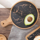 NNEAGS 2X 30cm Black Circle Wooden Serving Tray Slate Steak Serving Platter Chopping Board Paddle Home Decor