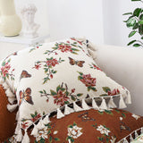 NNEAGS 45cm Creamy White French Vintage Butterfly Loves Flowers Tassel Throw Pillow