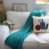 NNEAGS 2X Teal Diamond Pattern Knitted Throw Blanket Warm Cozy Woven Cover Couch Bed Sofa Home Decor with Tassels
