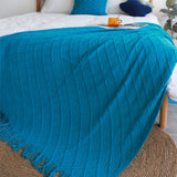 NNEAGS Blue Diamond Pattern Knitted Throw Blanket Warm Cozy Woven Cover Couch Bed Sofa Home Decor with Tassels