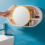NNEAGS 39cm Oval Wall-Mounted Mirror Storage Box Vanity Mirror Rack Bathroom Adhesive Shelf Home Organiser Decor