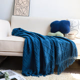 NNEAGS Royal Blue Diamond Pattern Knitted Throw Blanket Warm Cozy Woven Cover Couch Bed Sofa Home Decor with Tassels