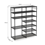 NNEAGS 12-Shelf Tier Shoe Storage Shelf Space-Saving Caddy Rack Organiser with Side Hooks Black