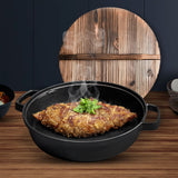 NNEAGS 2X 35cm Round Cast Iron Pre-seasoned Deep Baking Pizza Frying Pan Skillet with Wooden Lid