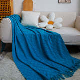 NNEAGS 2X Blue Diamond Pattern Knitted Throw Blanket Warm Cozy Woven Cover Couch Bed Sofa Home Decor with Tassels