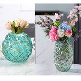 NNEAGS 2X Green Colored Diamond Cut Glass Flower Vase Round Jar Home Decor with Gold Accent Large and Medium Set