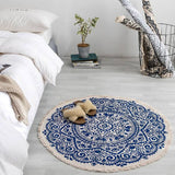 NNEAGS 2X Blue Carpet Soft Linen Bohemian Non-Slip Floor Retro Minimalist Round Rug Home Decor with Tassels