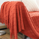 NNEAGS 2X Red Diamond Pattern Knitted Throw Blanket Warm Cozy Woven Cover Couch Bed Sofa Home Decor with Tassels