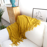 NNEAGS Mustard Textured Knitted Throw Blanket Warm Cozy Woven Cover Couch Bed Sofa Home Decor with Tassels