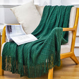 NNEAGS 2X Green Diamond Pattern Knitted Throw Blanket Warm Cozy Woven Cover Couch Bed Sofa Home Decor with Tassels