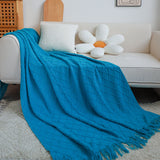 NNEAGS Blue Diamond Pattern Knitted Throw Blanket Warm Cozy Woven Cover Couch Bed Sofa Home Decor with Tassels
