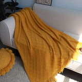 NNEAGS 2X Yellow Diamond Pattern Knitted Throw Blanket Warm Cozy Woven Cover Couch Bed Sofa Home Decor with Tassels