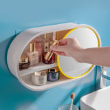 NNEAGS 39cm Oval Wall-Mounted Mirror Storage Box Vanity Mirror Rack Bathroom Adhesive Shelf Home Organiser Decor