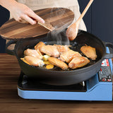 NNEAGS 2X 35cm Round Cast Iron Pre-seasoned Deep Baking Pizza Frying Pan Skillet with Wooden Lid