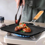 NNEAGS 2X 20.5cm Rectangular Cast Iron Griddle Grill Frying Pan with Folding Wooden Handle