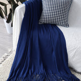 NNEAGS Royal Blue Acrylic Knitted Throw Blanket Solid Fringed Warm Cozy Woven Cover Couch Bed Sofa Home Decor