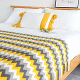 NNEAGS 2X 170cm Yellow Zigzag Striped Throw Blanket Acrylic Wave Knitted Fringed Woven Cover Couch Bed Sofa Home Decor