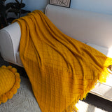 NNEAGS Yellow Diamond Pattern Knitted Throw Blanket Warm Cozy Woven Cover Couch Bed Sofa Home Decor with Tassels