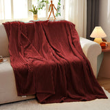 NNEAGS 2X Burgundy Throw Blanket Warm Cozy Striped Pattern Thin Flannel Coverlet Fleece Bed Sofa Comforter