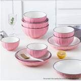 NNEAGS Pink Japanese Style Ceramic Dinnerware Crockery Soup Bowl Plate Server Kitchen Home Decor Set of 12