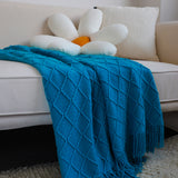 NNEAGS 2X Blue Diamond Pattern Knitted Throw Blanket Warm Cozy Woven Cover Couch Bed Sofa Home Decor with Tassels