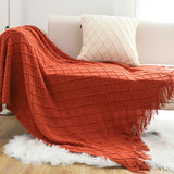 NNEAGS 2X Red Diamond Pattern Knitted Throw Blanket Warm Cozy Woven Cover Couch Bed Sofa Home Decor with Tassels
