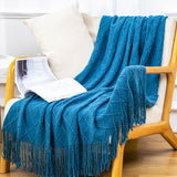 NNEAGS 2X Blue Diamond Pattern Knitted Throw Blanket Warm Cozy Woven Cover Couch Bed Sofa Home Decor with Tassels