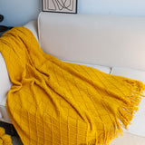NNEAGS Yellow Diamond Pattern Knitted Throw Blanket Warm Cozy Woven Cover Couch Bed Sofa Home Decor with Tassels